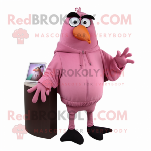Pink Blackbird mascot costume character dressed with a Sweatshirt and Clutch bags