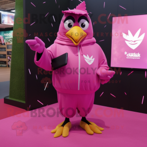 Pink Blackbird mascot costume character dressed with a Sweatshirt and Clutch bags