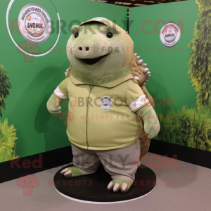 Olive Glyptodon mascot costume character dressed with a T-Shirt and Lapel pins