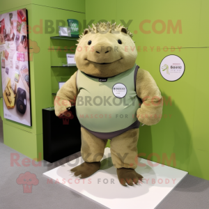 Olive Glyptodon mascot costume character dressed with a T-Shirt and Lapel pins