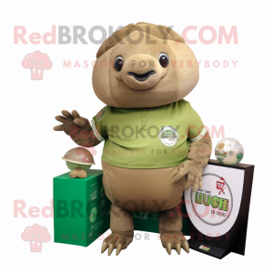 Olive Glyptodon mascot costume character dressed with a T-Shirt and Lapel pins