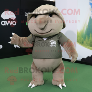 Olive Glyptodon mascot costume character dressed with a T-Shirt and Lapel pins