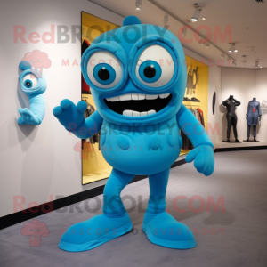 Cyan Cyclops mascot costume character dressed with a Bodysuit and Shoe laces