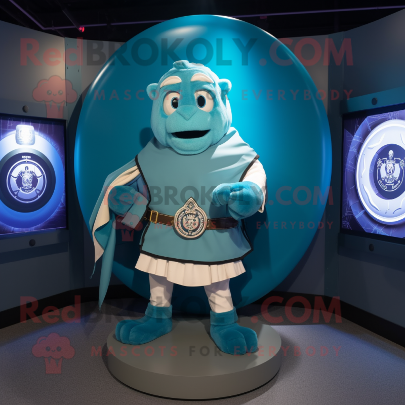 Blue Celtic Shield mascot costume character dressed with a Cover-up and Coin purses Blue Celtic Shield mascot costume character dressed with a Cover-up and Coin purses