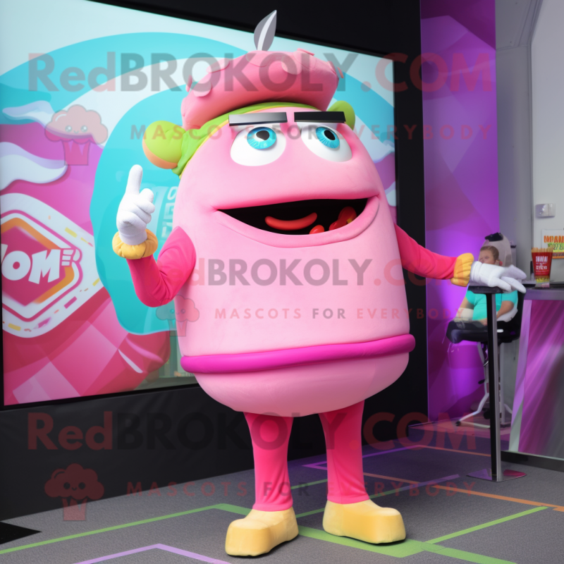 Pink Burgers mascot costume character dressed with a Bodysuit and Watches