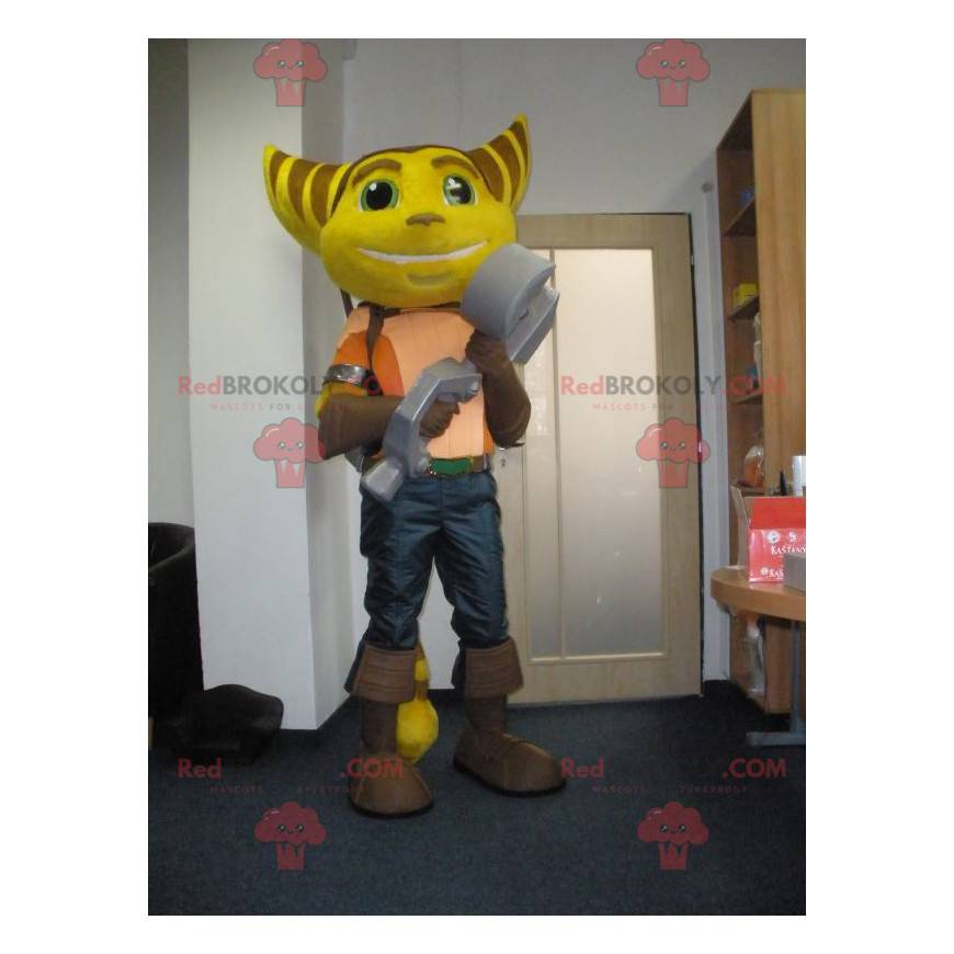 Mascote da catraca com videogame felino amarelo e marrom -