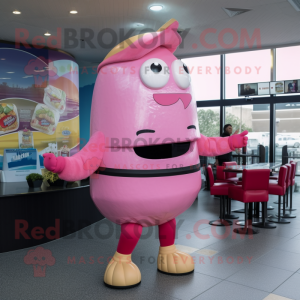 Pink Burgers mascot costume character dressed with a Bodysuit and Watches