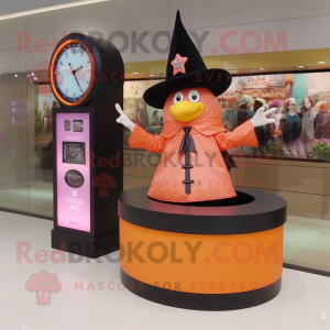 Peach Witch'S Hat mascot costume character dressed with a Leather Jacket and Digital watches