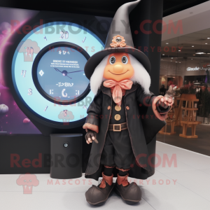 Peach Witch'S Hat mascot costume character dressed with a Leather Jacket and Digital watches