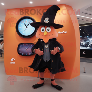 Peach Witch'S Hat mascot costume character dressed with a Leather Jacket and Digital watches