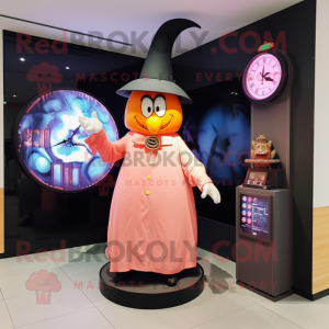 Peach Witch'S Hat mascot costume character dressed with a Leather Jacket and Digital watches