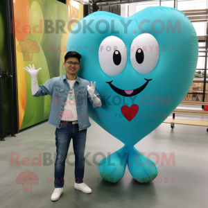 Cyan Heart Shaped Balloons mascot costume character dressed with a Boyfriend Jeans and Pocket squares