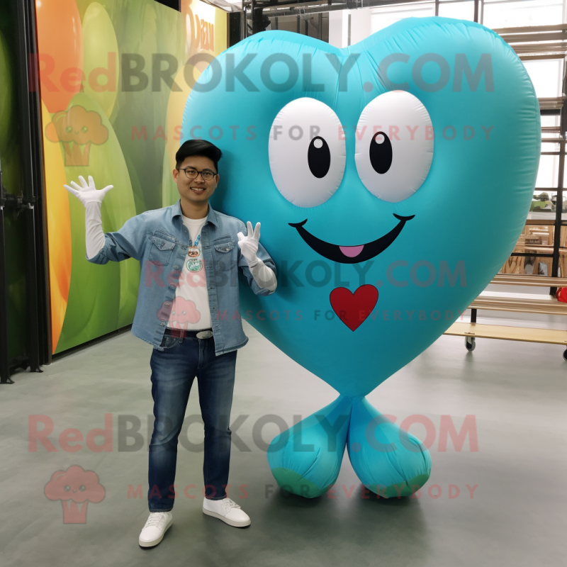 Cyan Heart Shaped Balloons mascot costume character dressed with a Boyfriend Jeans and Pocket squares