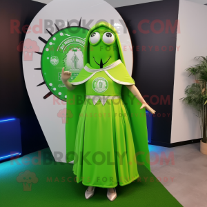 Lime Green Celtic Shield mascot costume character dressed with a Maxi Skirt and Lapel pins