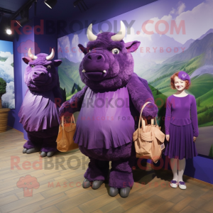 Purple Woolly Rhinoceros mascot costume character dressed with a Dress and Clutch bags