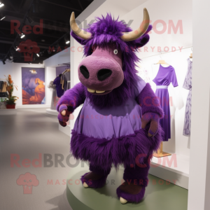 Purple Woolly Rhinoceros mascot costume character dressed with a Dress and Clutch bags
