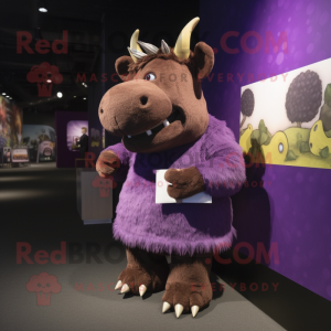 Purple Woolly Rhinoceros mascot costume character dressed with a Dress and Clutch bags