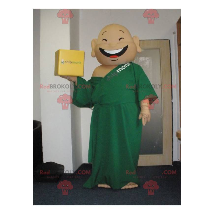 Mascotte de moine rieur habillé avec une tunique verte -