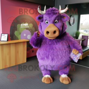 Purple Woolly Rhinoceros mascot costume character dressed with a Dress and Clutch bags