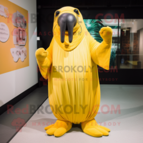 Yellow Walrus mascot costume character dressed with a Empire Waist Dress and Gloves