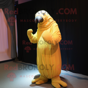 Yellow Walrus mascot costume character dressed with a Empire Waist Dress and Gloves