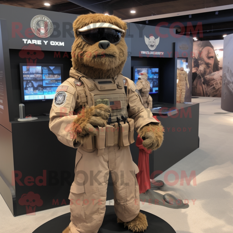 Brown Marine Recon mascot costume character dressed with a Cover-up and Lapel pins