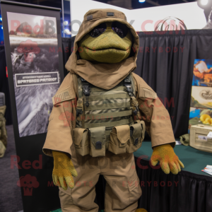 Brown Marine Recon mascot costume character dressed with a Cover-up and Lapel pins