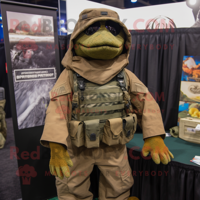 Brown Marine Recon mascot costume character dressed with a Cover-up and Lapel pins Brown Marine Recon mascot costume character dressed with a Cover-up and Lapel pins