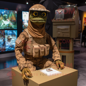 Brown Marine Recon mascot costume character dressed with a Cover-up and Lapel pins