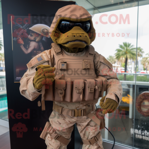 Brown Marine Recon mascot costume character dressed with a Cover-up and Lapel pins