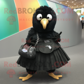 Black Kiwi mascot costume character dressed with a Circle Skirt and Messenger bags