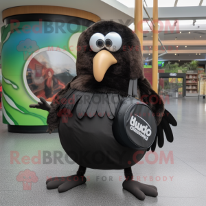 Black Kiwi mascot costume character dressed with a Circle Skirt and Messenger bags