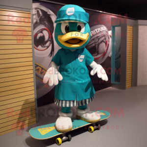 Teal Skateboard mascot costume character dressed with a Mini Skirt and Ties