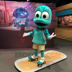 Teal Skateboard mascot costume character dressed with a Mini Skirt and Ties