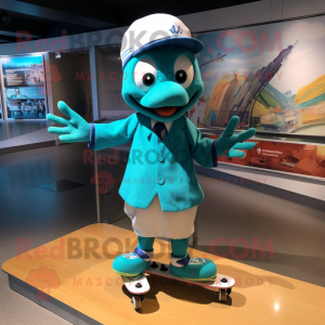 Teal Skateboard mascot costume character dressed with a Mini Skirt and Ties