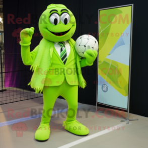Lime Green Volleyball Ball mascot costume character dressed with a Blazer and Clutch bags