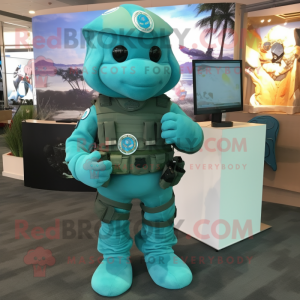 Turquoise Marine Recon mascot costume character dressed with a V-Neck Tee and Brooches