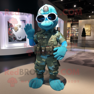 Turquoise Marine Recon mascot costume character dressed with a V-Neck Tee and Brooches