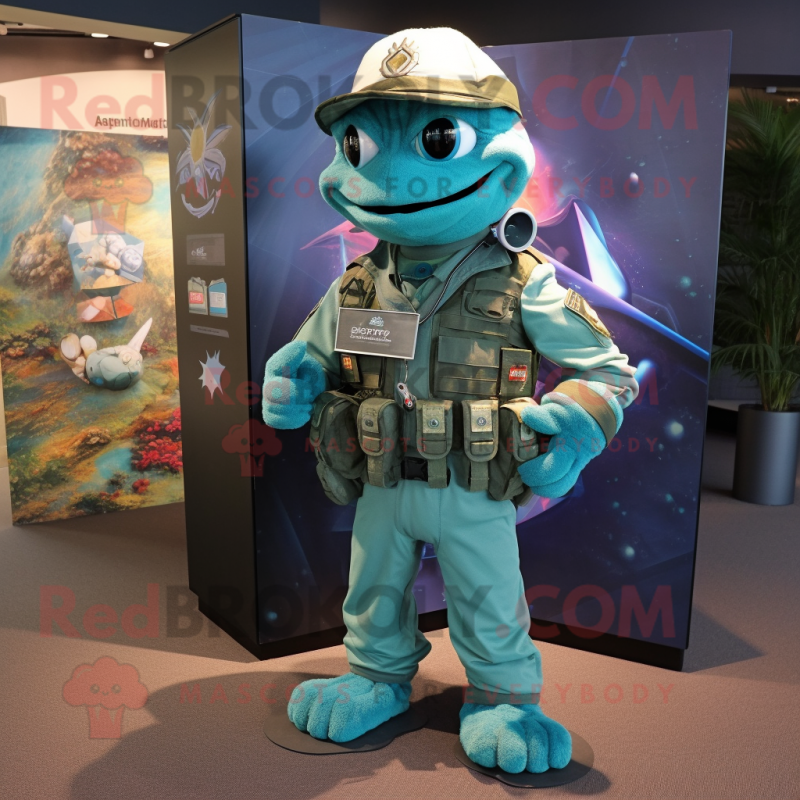 Turquoise Marine Recon mascot costume character dressed with a V-Neck Tee and Brooches