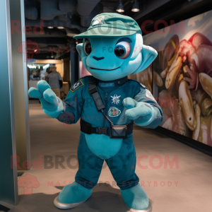 Turquoise Marine Recon mascot costume character dressed with a V-Neck Tee and Brooches