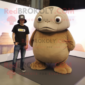 Brown Glyptodon mascot costume character dressed with a Skinny Jeans and Caps