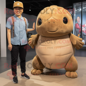Brown Glyptodon mascot costume character dressed with a Skinny Jeans and Caps