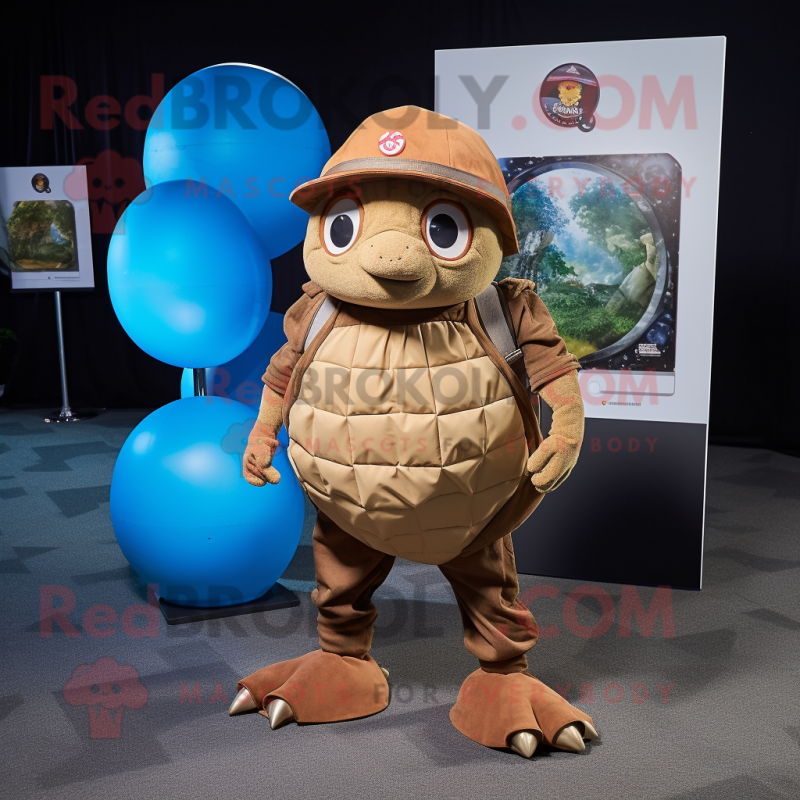 Brown Glyptodon mascot costume character dressed with a Skinny Jeans and Caps Brown Glyptodon mascot costume character dressed with a Skinny Jeans and Caps