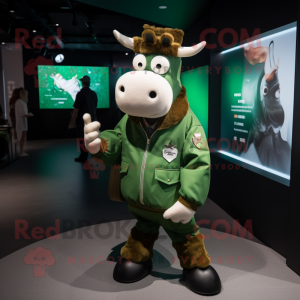 Green Guernsey Cow mascot costume character dressed with a Bomber Jacket and Coin purses