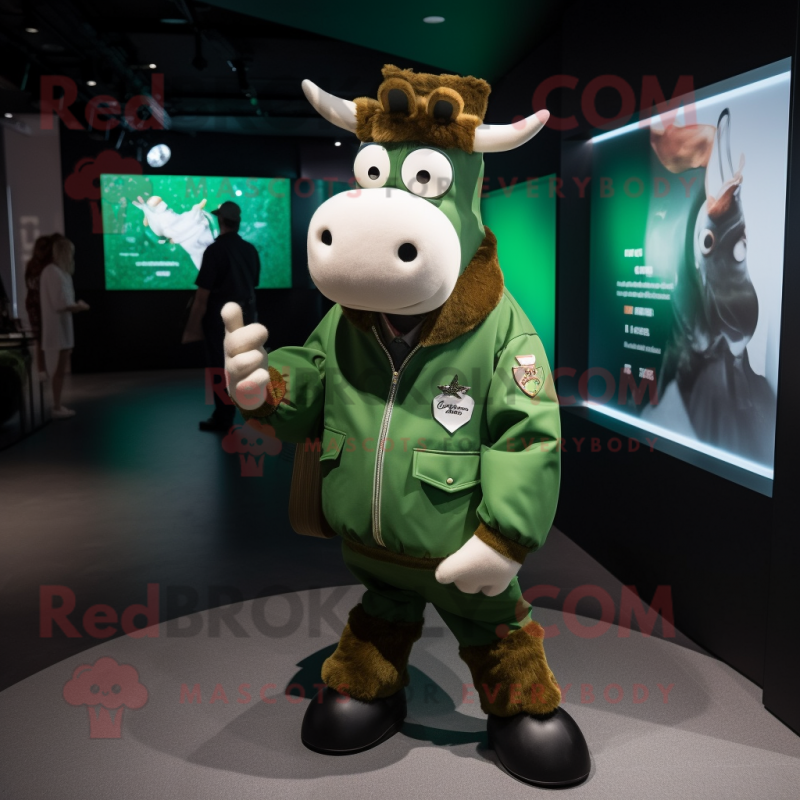 Green Guernsey Cow mascot costume character dressed with a Bomber Jacket and Coin purses Green Guernsey Cow mascot costume character dressed with a Bomber Jacket and Coin purses
