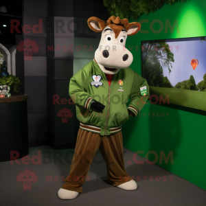 Green Guernsey Cow mascot costume character dressed with a Bomber Jacket and Coin purses