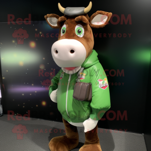 Green Guernsey Cow mascot costume character dressed with a Bomber Jacket and Coin purses