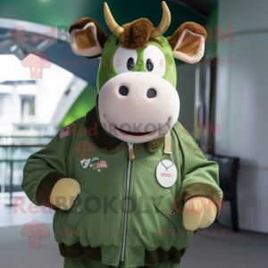 Green Guernsey Cow mascot costume character dressed with a Bomber Jacket and Coin purses