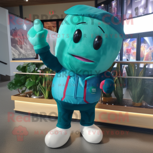 Teal Radish mascot costume character dressed with a Bomber Jacket and Foot pads
