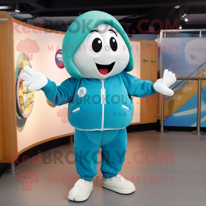 Teal Radish mascot costume character dressed with a Bomber Jacket and Foot pads